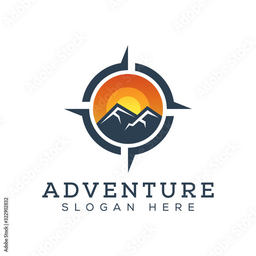 adventure mountain with compass logo design vector template