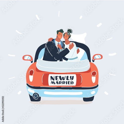 Just married couple in car on white background.
