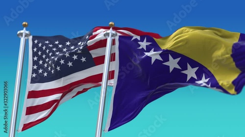 4k seamless United States of America USA and Bosnia and Herzegovina National flag slow waving with visible wrinkles.A fully digital rendering,The animation loops at 20 seconds.flag 3D animation blue s photo