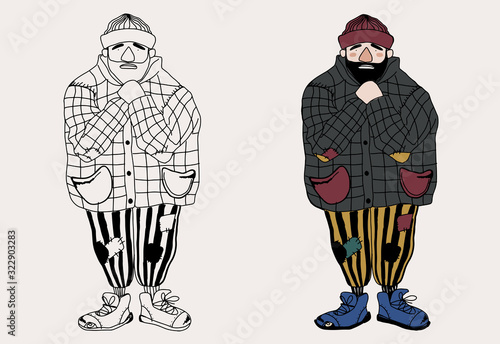 Collection of hand drawn vector homeless man frozen. Concept illustration
