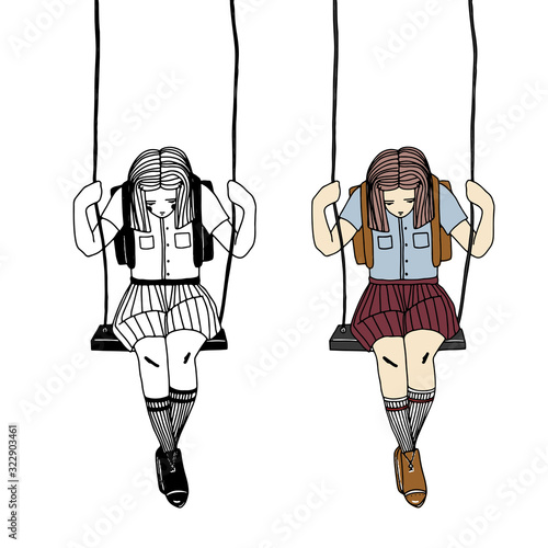 Sad lonely girl sits on swing alone. Hand drawn simple vector illustration with text stop bullying. Social problems of humanity