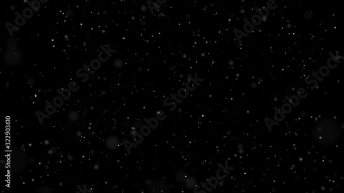 Winter Snow falling from sky top. Snow isolated on black background for motion graphics composing elements. Random snowy size turbulance in air and storm. Isolated snow snowflakes. 3D illustration
