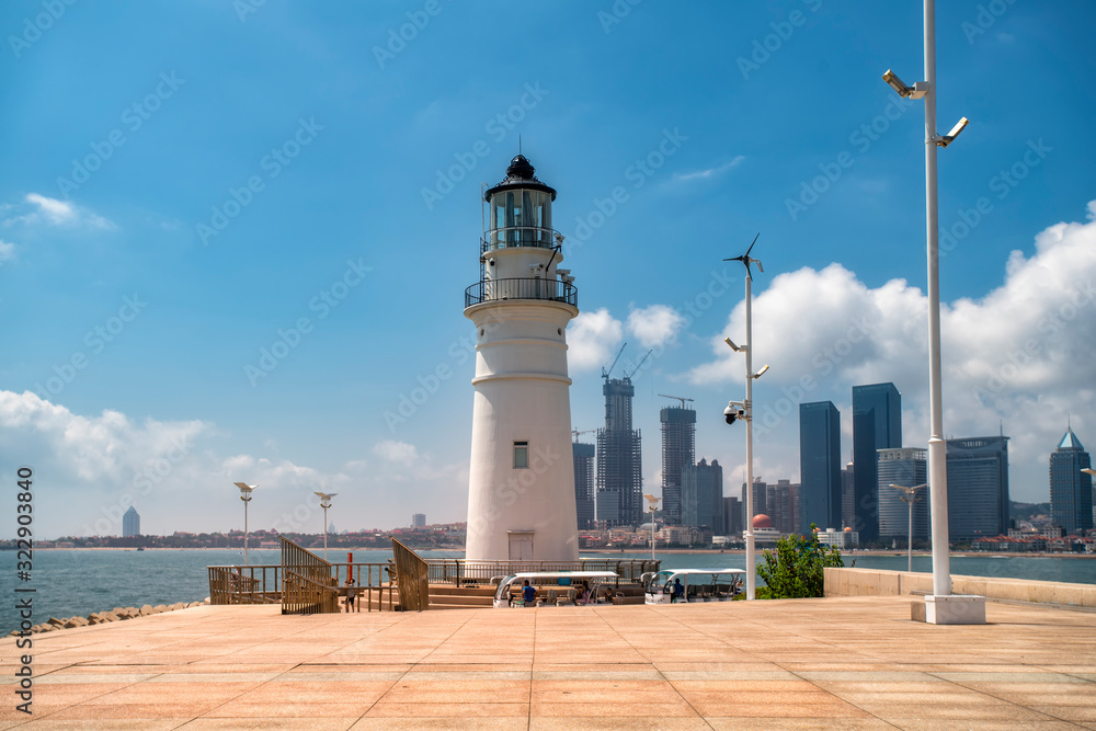 Qingdao coastline white lighthouse and beautiful architectural landscape