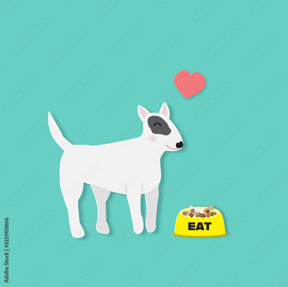 Obraz premium Bull terrier love to eat with food in a dog bowl and red heart,vector illustration paper art style.