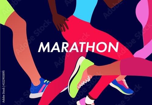 Running multinational people in bright sportswear. Men and women running marathon outdoor.Sports competition, workout or exercise, athletics. Active lifestyle. Colorful vector illustration.