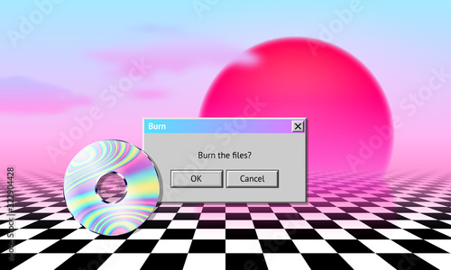 Vaporwave landscape with CD, dialogue window, sun, clouds and checked floor