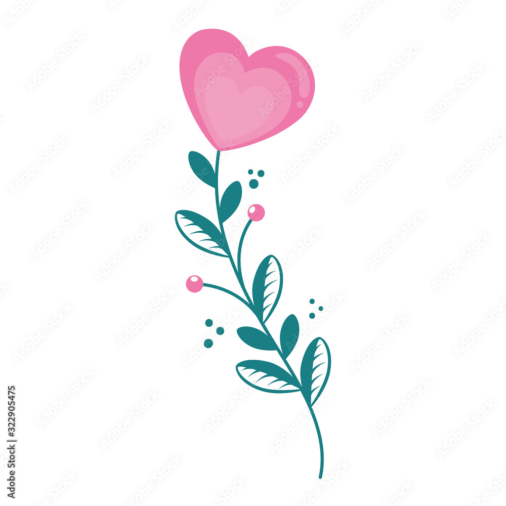 cute flower in shape heart with branch and leafs vector illustration design