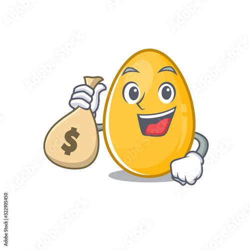 Rich and famous golden egg cartoon character holding money bag