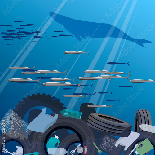 ocean pollution. vector image of the littered bottom of the sea. human waste. environmental disaster