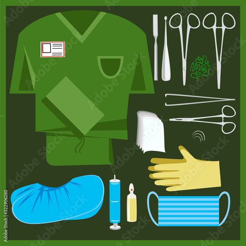 surgical kit. first aid kit. surgeon's tools and clothing. vector image