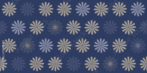 Simple seamless pattern, Chrysanthemum flowers in golden and blue tones