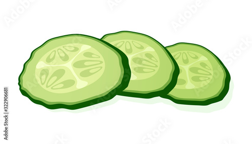 Fresh cucumber sliced slices isolated on white background. Green round piece of cucumber. Vector Illustration.