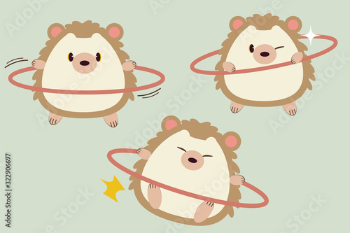 The character of cue hedgehog playing with hulahoop on the green background. The collection of cute hedgehog with hulahoop. The character of cute hedgehog in flat vector style.