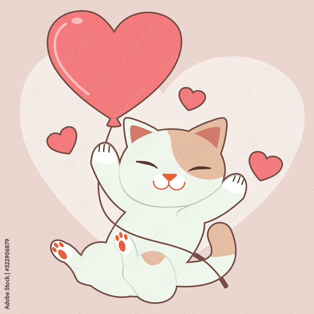 The character of cute cat grabs the heart balloon on the pink background. The character of cute cat with the heart balloon in love theme. The character of cute cat in flat vector style.