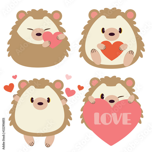 The collection of cute hedgehog with heart on the white background. The character of hedgehog hugging a heart. The character of cute hedgehog in flat vector style.