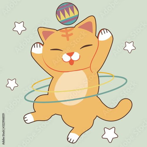 The character of cute cat show playing the hula hoop on the green background. The cute cat in circus theme set.The cute cat playing hulahoop and ball. The character of cute cat in flat vector style.