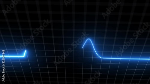 Blue heartbeat monitor EKG line monitor with moving camera processing heartthrob display. Electrocardiogram medical screen graph of heart rhythm on black background with white grid. 4K footage video