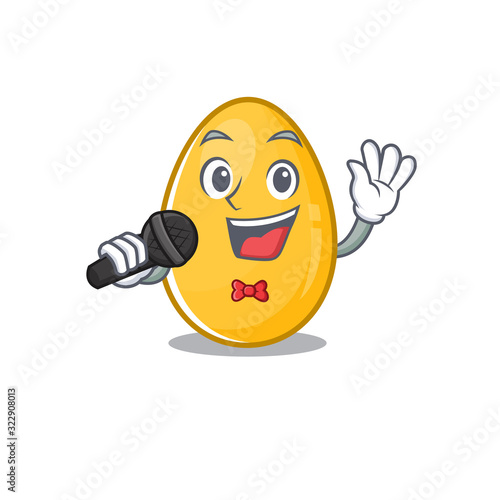 Happy golden egg singing on a microphone