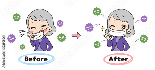 Illustration of a woman worried about infection, before and after upper body.