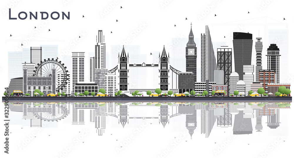 London England City Skyline with Gray Buildings and Reflections Isolated on White Background.