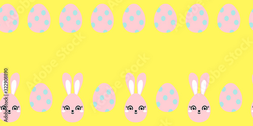 Easter seamless border with easter eggs and bunny . Hand drawn on yellow background.
