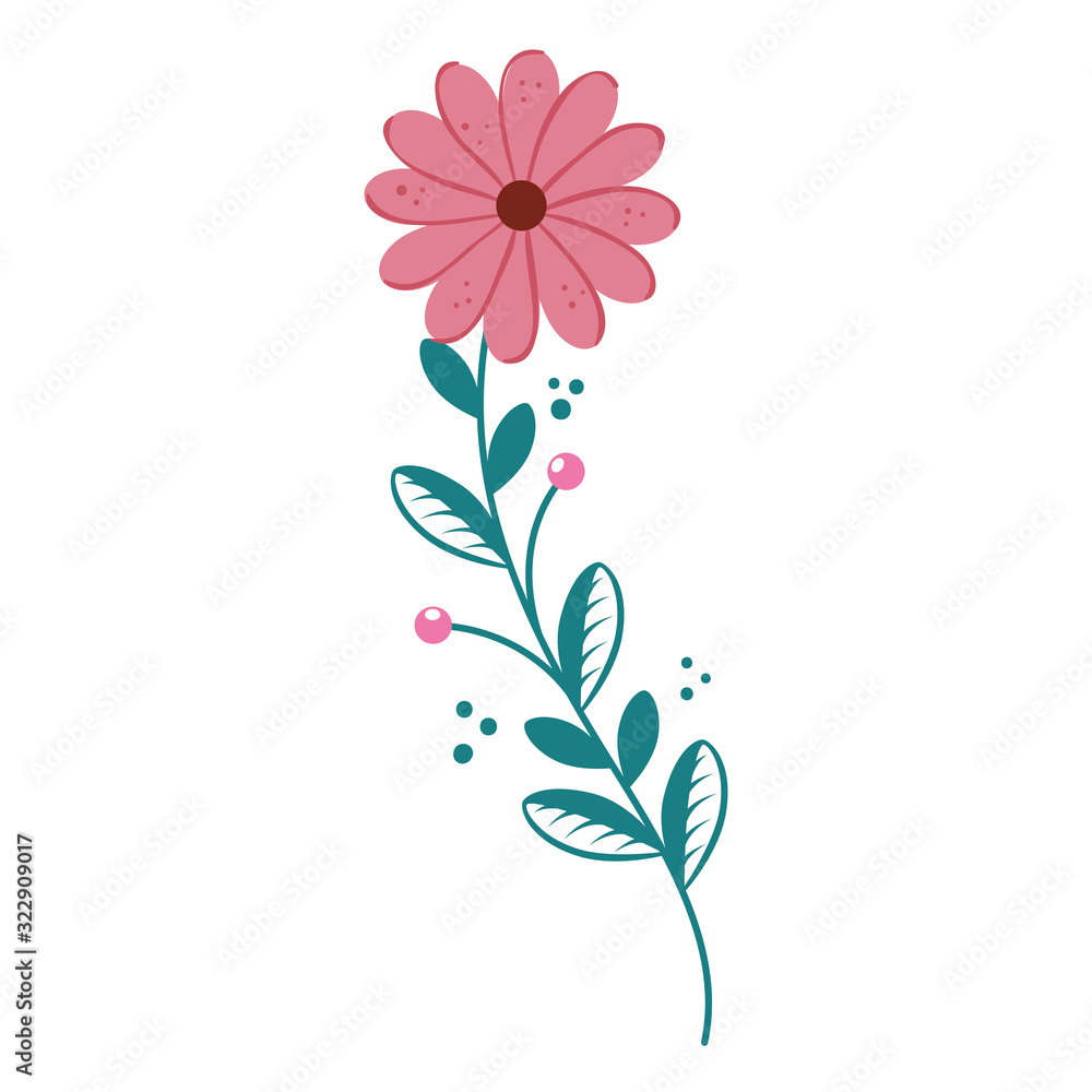cute flower with branch and leafs isolated icon vector illustration design
