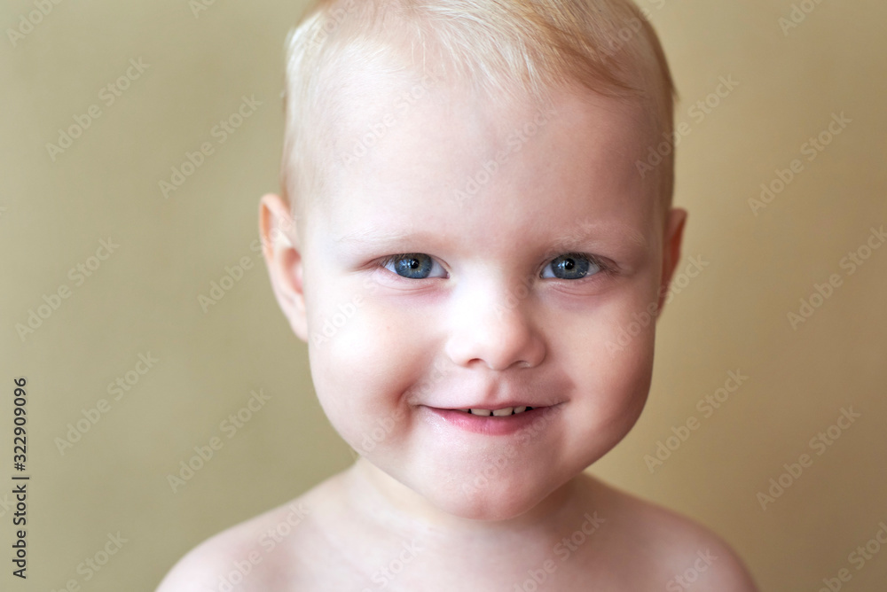 Portrait of a little blue-eyed fair-haired smiling boy of two years old.