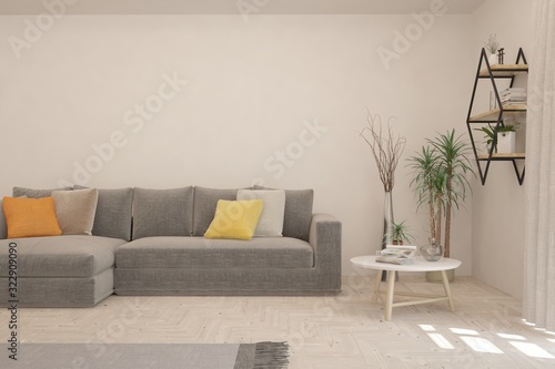 Fototapeta Naklejka Na Ścianę i Meble -  Stylish room in white color with sofa. Scandinavian interior design. 3D illustration