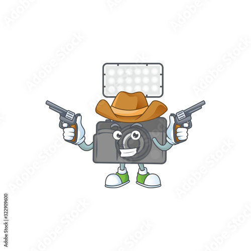 The brave of photo camera with lighting Cowboy cartoon character holding guns