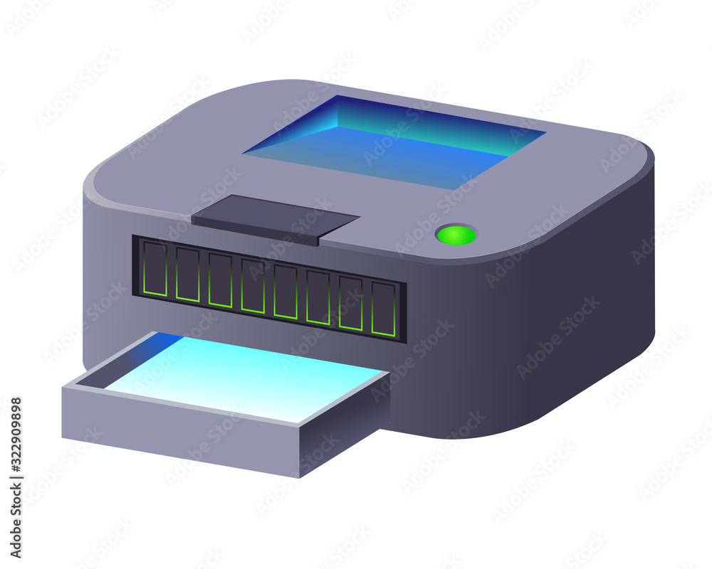 simple grey plastic printer with paper & blue illuminating, digital home equipment, for logo, icon or emblem, color vector illustration isolated on white background in clip art & isometric style simple grey plastic printer with paper & blue illuminating, digital home equipment, for logo, icon or emblem, color vector illustration isolated on white background in clip art & isometric style