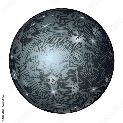 decorative satellite or grey planet of the Solar system, Callisto, Ganymede or Dione, color vector illustration isolated on white background in hand drawn or clip art style