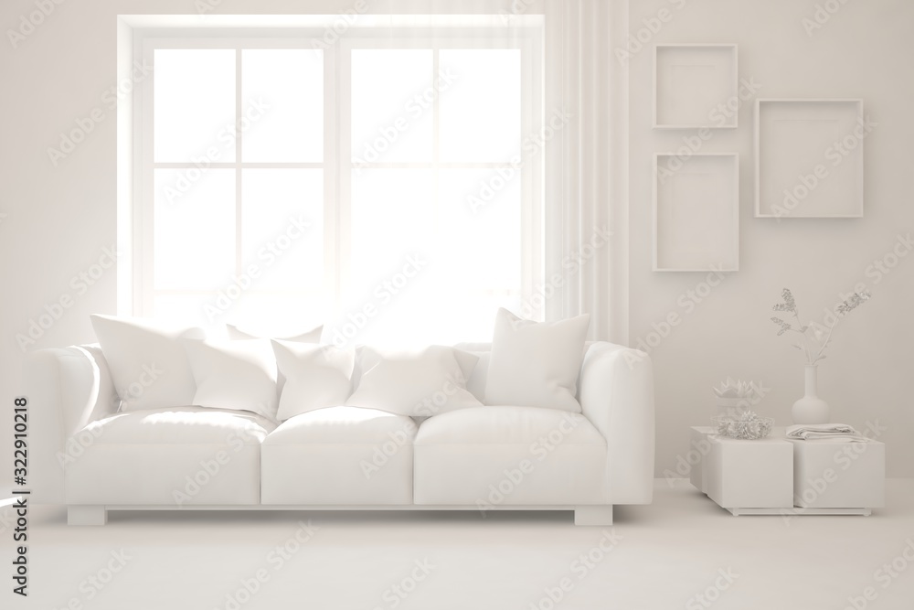 Mock up of stylish room in white color with sofa. Scandinavian interior design. 3D illustration Mock up of stylish room in white color with sofa. Scandinavian interior design. 3D illustration