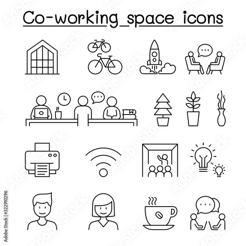 Co-working space & Startup icons set in thin line style