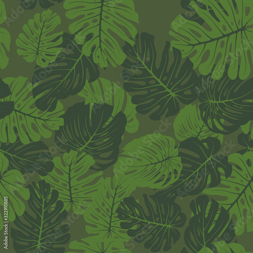Monstera camouflage seamless tropical pattern. Leaves camo with tropical plants. Exotic background, fashion jungle print for design. Vector wallpaper