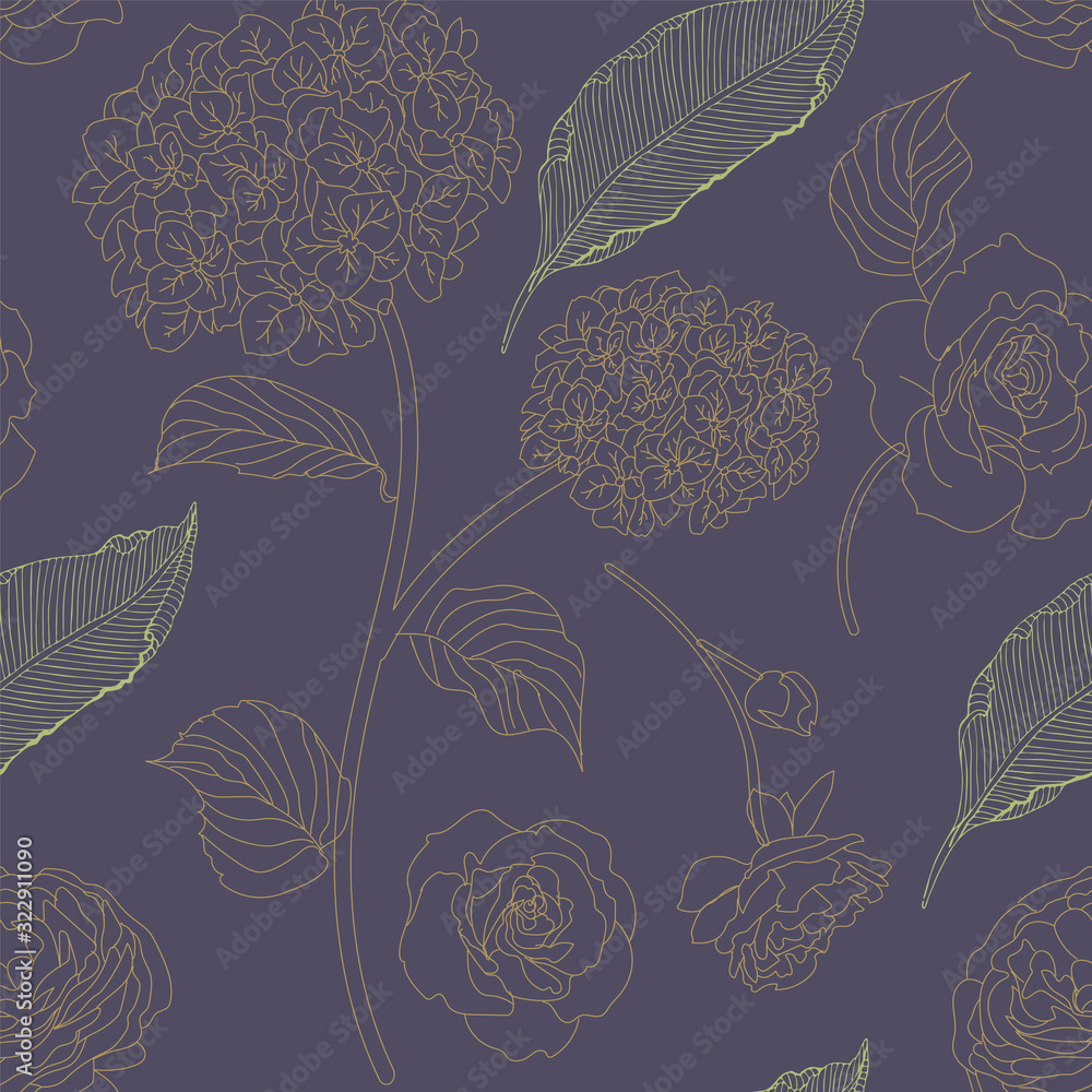 Drawn hydrangea, roses and leaves seamless pattern. Monochrome image of flowers vector illustration. Imitation of pencil drawing. Drawn hydrangea, roses and leaves seamless pattern. Monochrome image of flowers vector illustration. Imitation of pencil drawing.