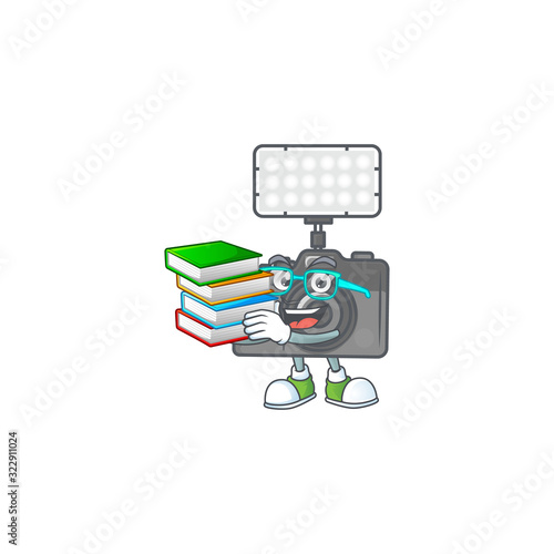 A brainy clever cartoon character of photo camera with lighting studying with some books