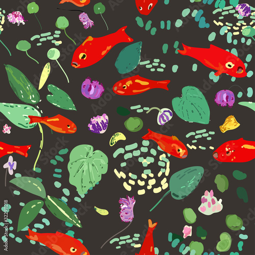 Red fish on a beige background, leaves, algae and flowers. Seamless vector pattern based on Matisse oil painting.