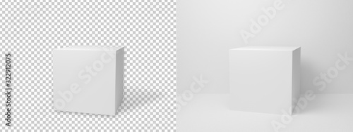 Abstract white cube isolated on transparent background with clipping path. Realistic blank 3d box design mock up. 3D rendering design for advertising product on website. Empty new block symbol.