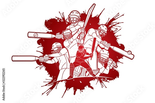 Group of Cricket players action cartoon sport graphic vector.