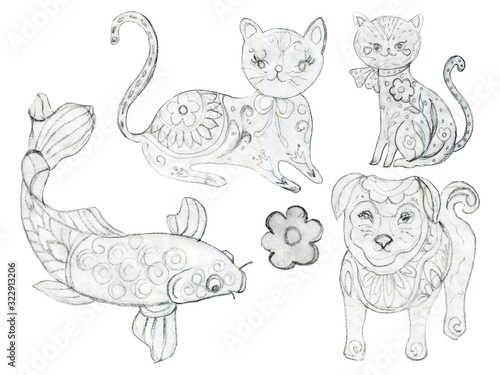 Sketch outline etnic coloring book cat dog fish art Russian moscow east folk elements pencil