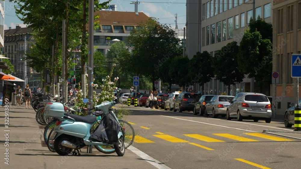 summer day zurich city center traffic street sidewalk slow motion panorama 4k switzerland summer day zurich city center traffic street sidewalk slow motion panorama 4k switzerland