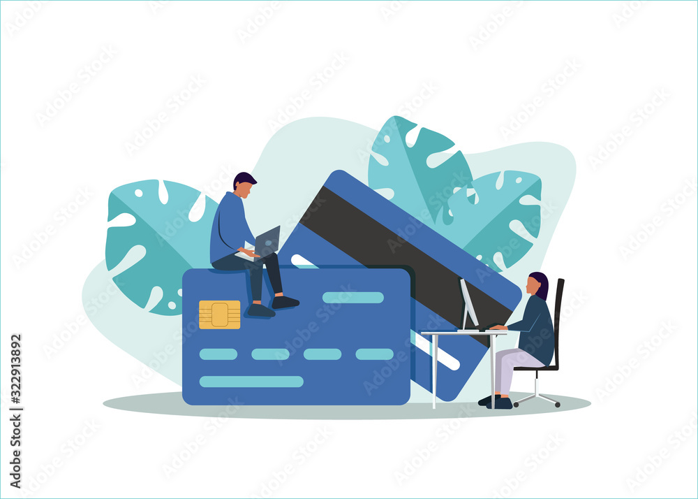 Banking business concept illustration of man sitting on credit cards and using computer for online banking and business. Flat businessmen and businesswomen with credit cards. Vector business - obrazy, fototapety, plakaty 