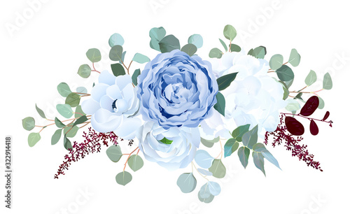 Dusty blue rose, white hydrangea, ranunculus, anemone, eucalyptus, burgundy red astilbe vector design bouquet. Wedding seasonal flowers.Floral border composition.All elements are isolated and editable