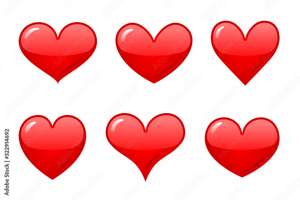 Set of red shiny hearts isolated on white background. Vector illustration