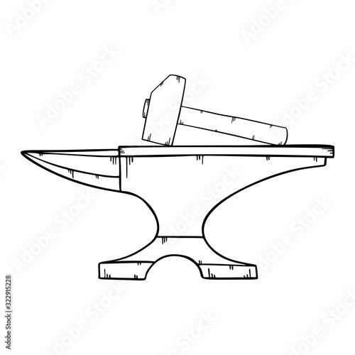 Steel anvil with hammer, forge workshop. Line art style vector.