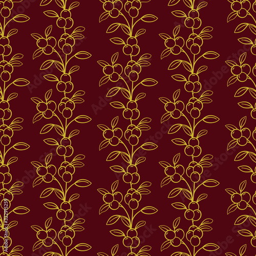 Vector seamless pattern with gold vertical berry twigs on dark red background; abstract natural design for fabric, wallpaper, packages, textile, wrapping paper, greeting cards, web design.