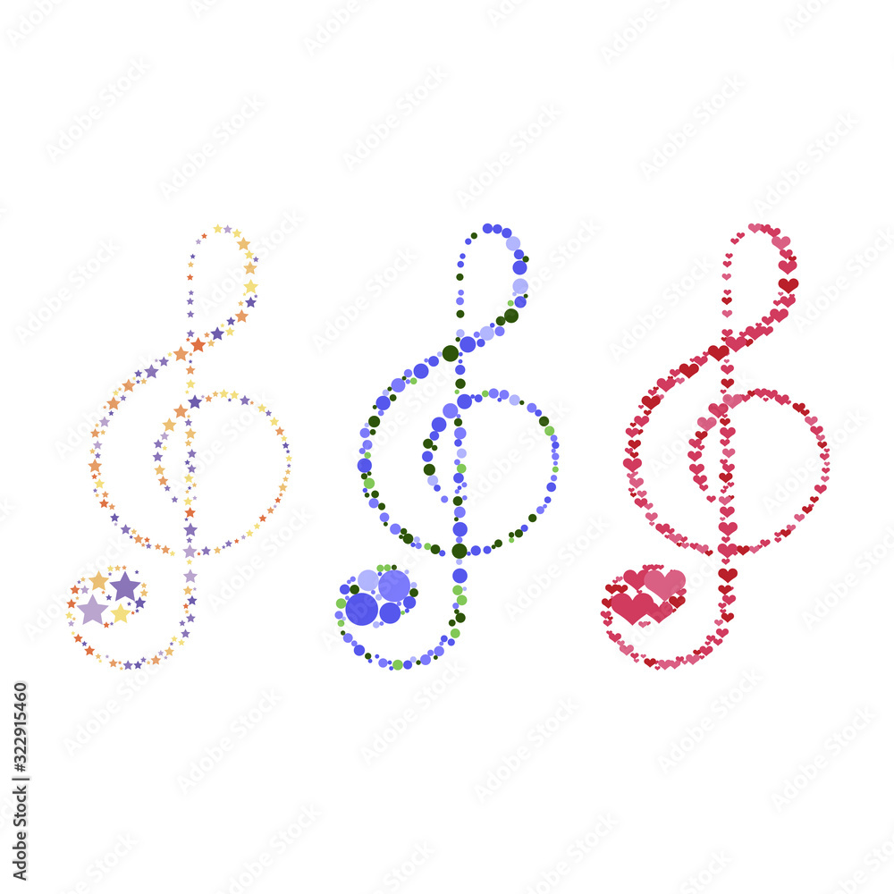 Set of musical design elements. Treble clef. Bright abstract vector illustration consisting of stars, hearts and circles. Musical note icon. 