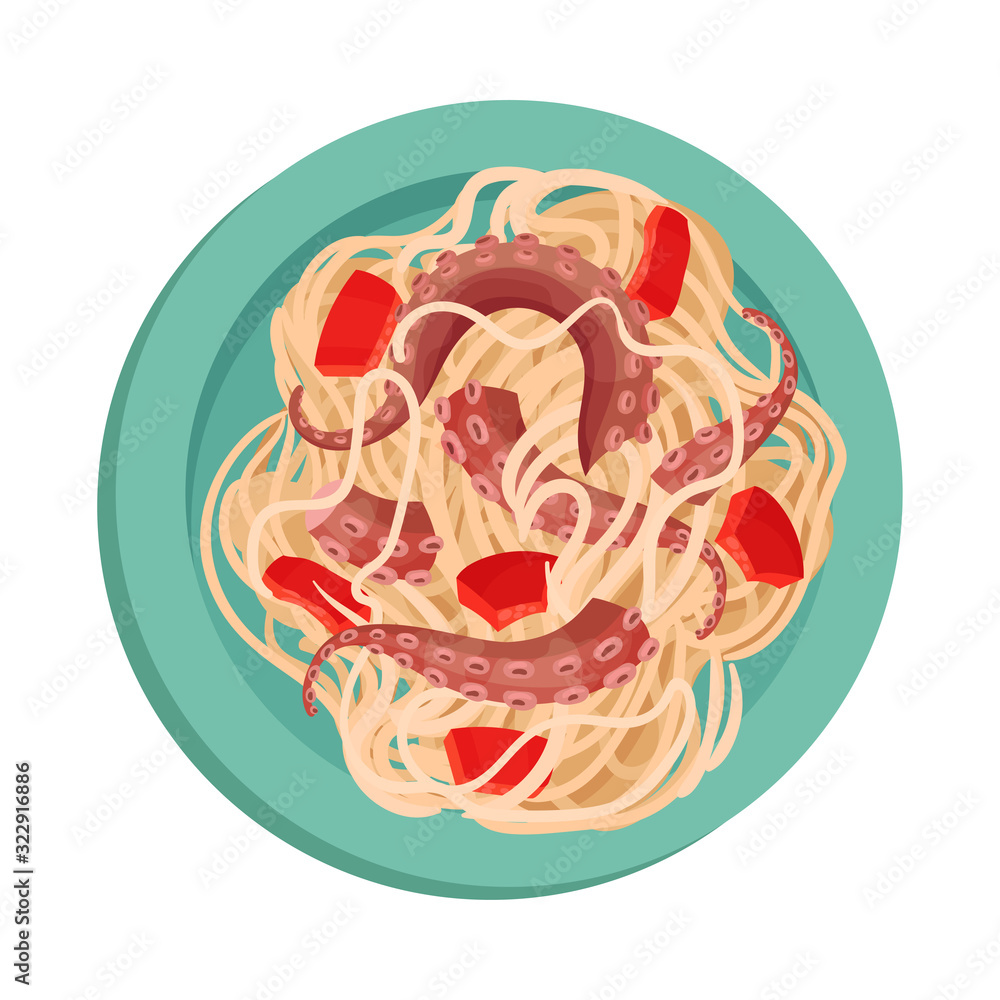 Pasta with Octopus and Sliced Pepper Top View Vector Illustration Pasta with Octopus and Sliced Pepper Top View Vector Illustration