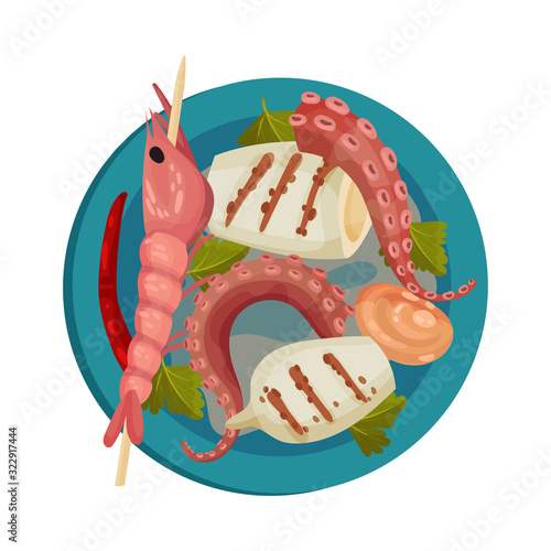 Skewered Prawn and Stuffed Squid Rested on Plate with Leaf Garnish Top View Vector Illustration