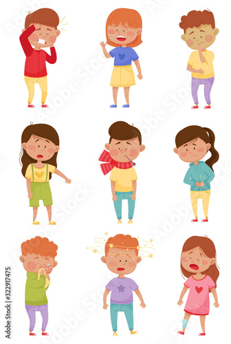 Sick Children Standing and Feeling Unwell Vector Illustrations Set